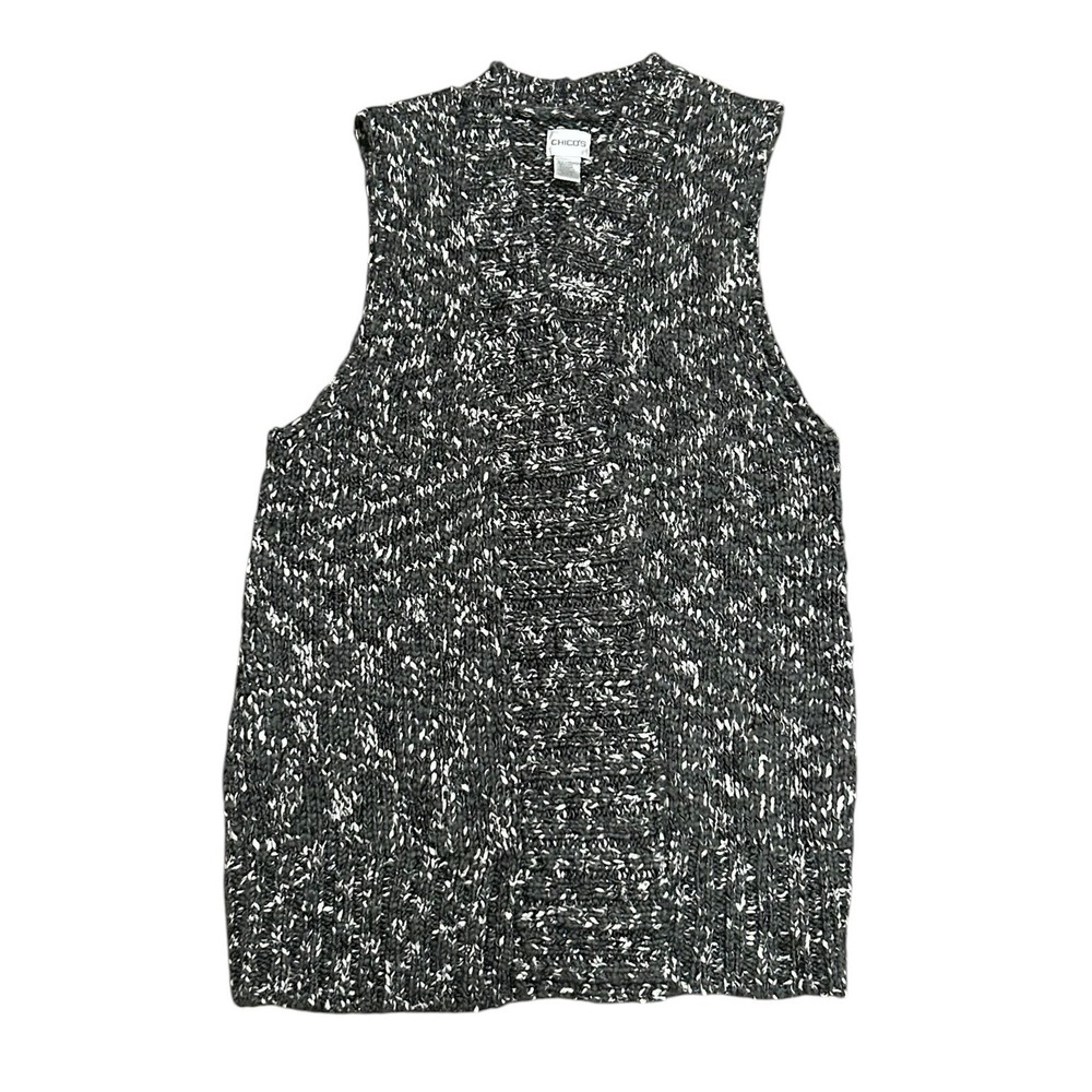 Chicos Black‎ White Marled Knit Open Front Sweater Vest Metallic Wool Blend 2